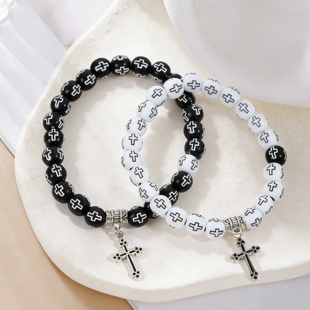 2-20 Stück Schwarz-Weiß Kreuz-Bedrucktes Perlenarmband Unisex Rosenkranz Armband Kirche Religiöse Taufe Kommunion Partygeschenk