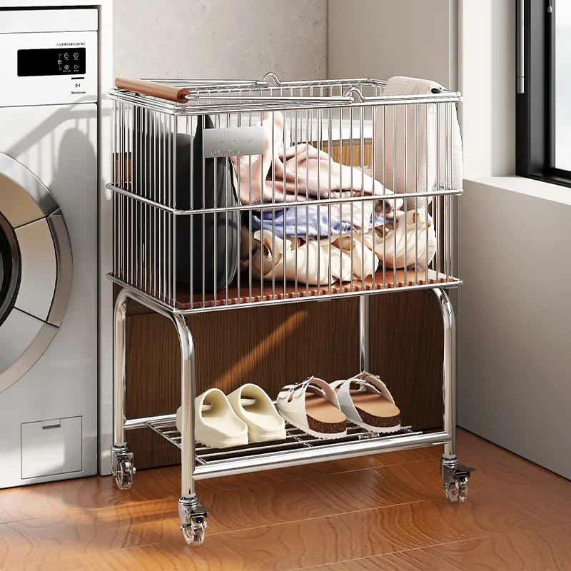 For Middle-aged Style Narrow Storage Cart‌ 3-in-1 Hamper/Shoe Rack/Mobile Trolley for Bathroom Dirty Laundry Basket Multifunctio