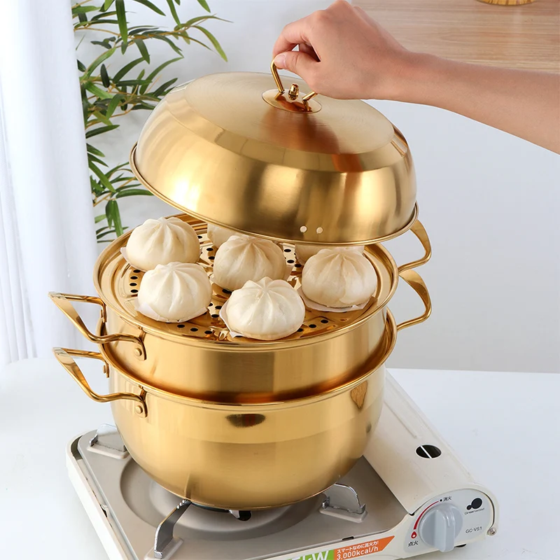 

1 Pcs Steamer Pot Stainless Steel Three layer Thick Gold Steamer Pot Soup Steam Pot Cooking Pots Cooker Gas Stove