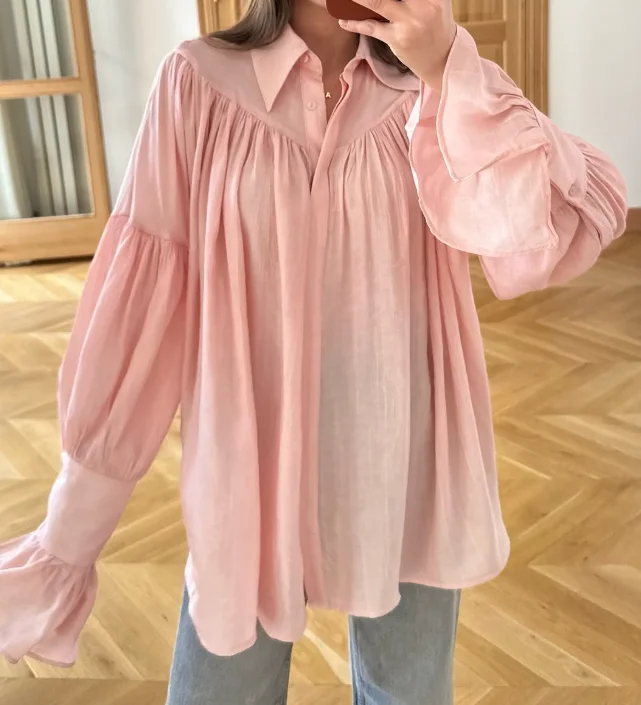 Fashionable style collar, flared sleeves, pleated loose long sleeved shirt top for spring/summer 2025 women's clothing