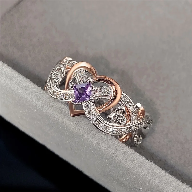 Valentine's Day Luxury Heart-Shaped Purple Sapphire Zircon Women's Engagement Ring, Dual-Tone Alloy Plating, Simple Yet Elegant