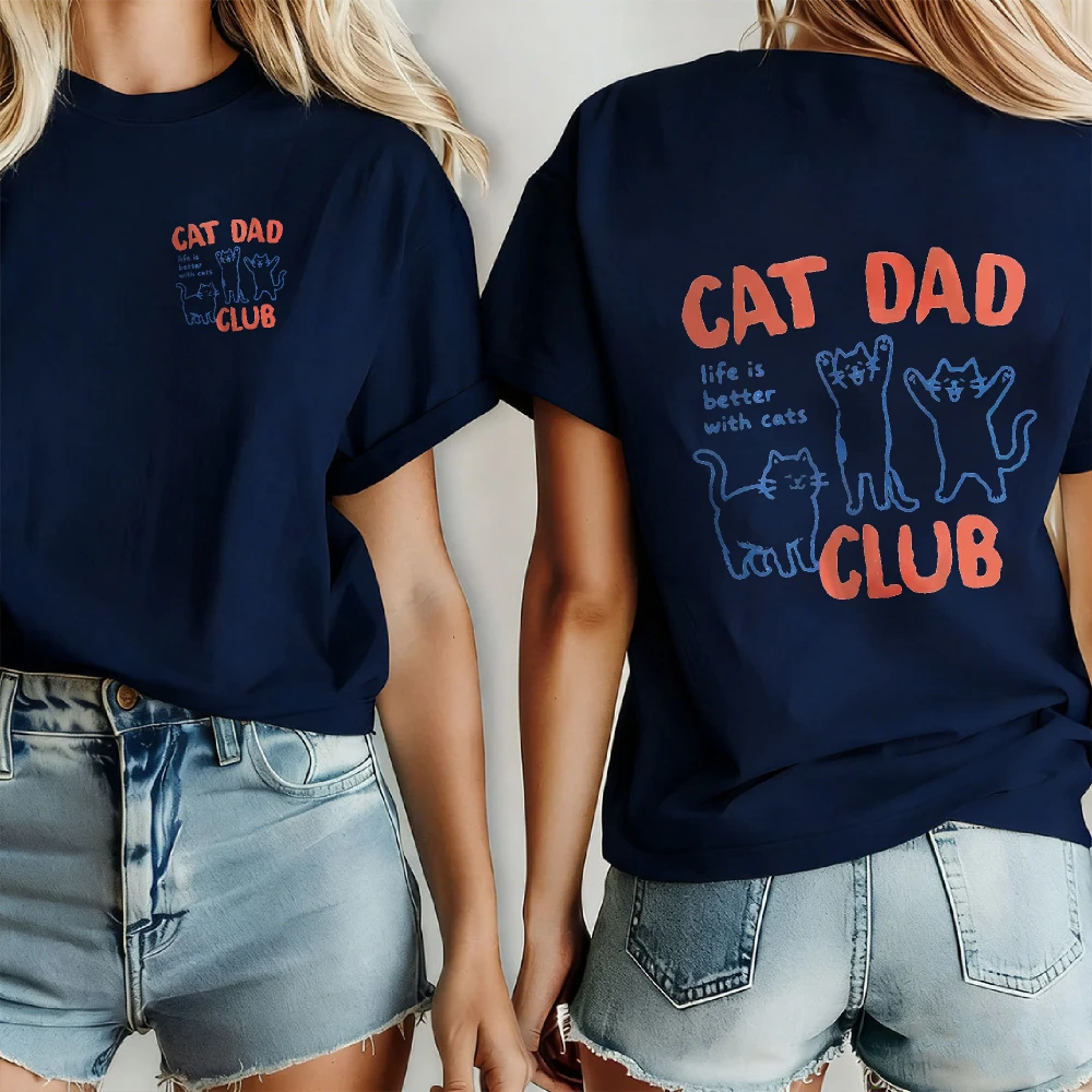 Women Cat Dad Club Life Is Better with Cats Line Art Tshirt Minimalist Sketch Kitten Letter Cotton Cat Father Pet Owner Gift Top