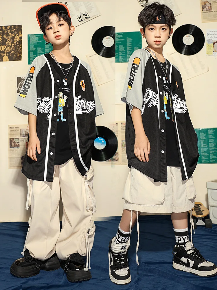 Kid Hip Hop Clothing Black Baseball Cardigan Shirt Top Beige Casual Pocket Cargo Pants Shorts for Girl Boy Dance Costume Clothes