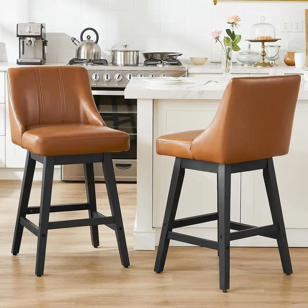 

Set of 2 27 Swivel Counter Height Bar Stools with Backs, Faux Leather, Solid Wood Legs, Adjustable Height - Brown