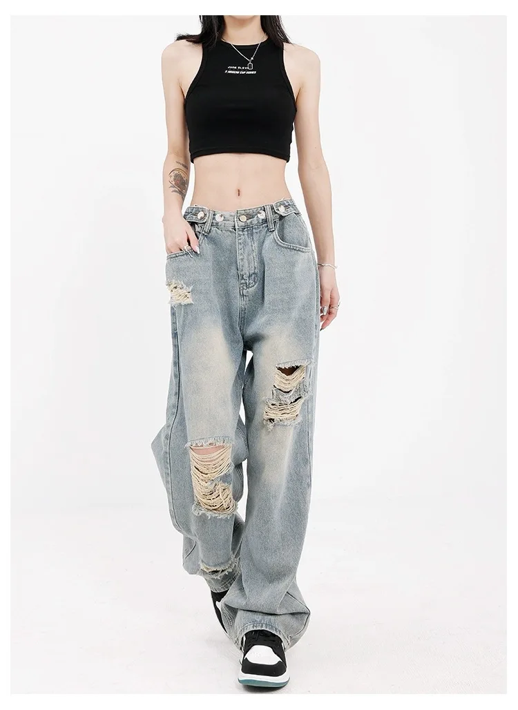 Denim Wide Leg Pants Women Floor Length Hole Jeans 2025 Streetwear Vintage Washed High Waist Distressed Straight Trousers