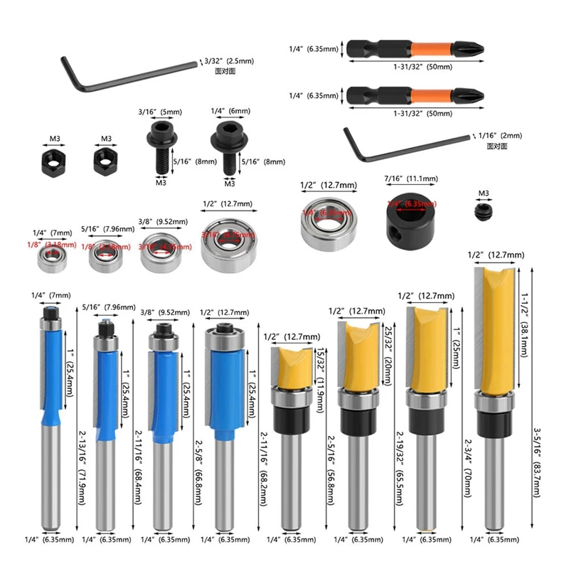 Brocas de enrutador de 10 piezas, que incluyen 4 brocas de enrutador de ajuste al ras vástago 1/4, brocas de enrutador de ajuste al ras de 4 patrones con 2 brocas de impacto y