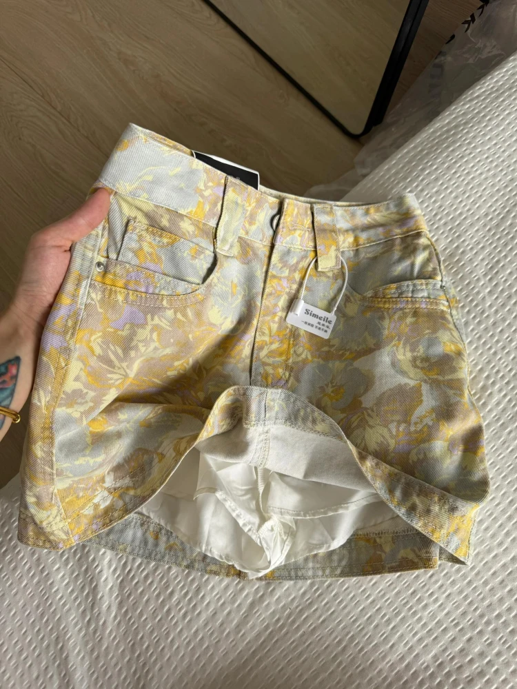 Women Mini Denim Skirt Vintage Korean Style Y2k Gyaru A-line Cowboy Skirt Harajuku Flower Print Wrap Skirts 2000s Clothes Summer
