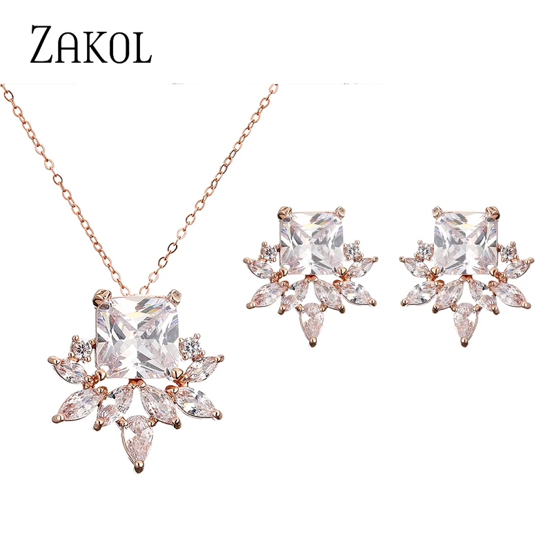 ZAKOL New Exquisite Yellow Square Cubic Zirconia Jewelry Sets for Women Fashion Leaf Party Earring Necklaces Set SP3359