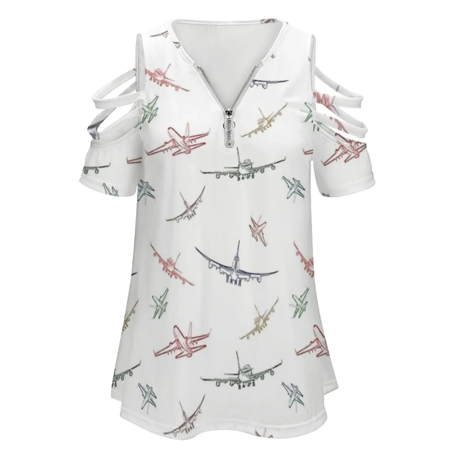 Colorful Plane Sketches New Fashion Zip Off Shoulder Top Short-Sleeve Women Shirt Plane Planes Airplane Airplanes Aeronautical