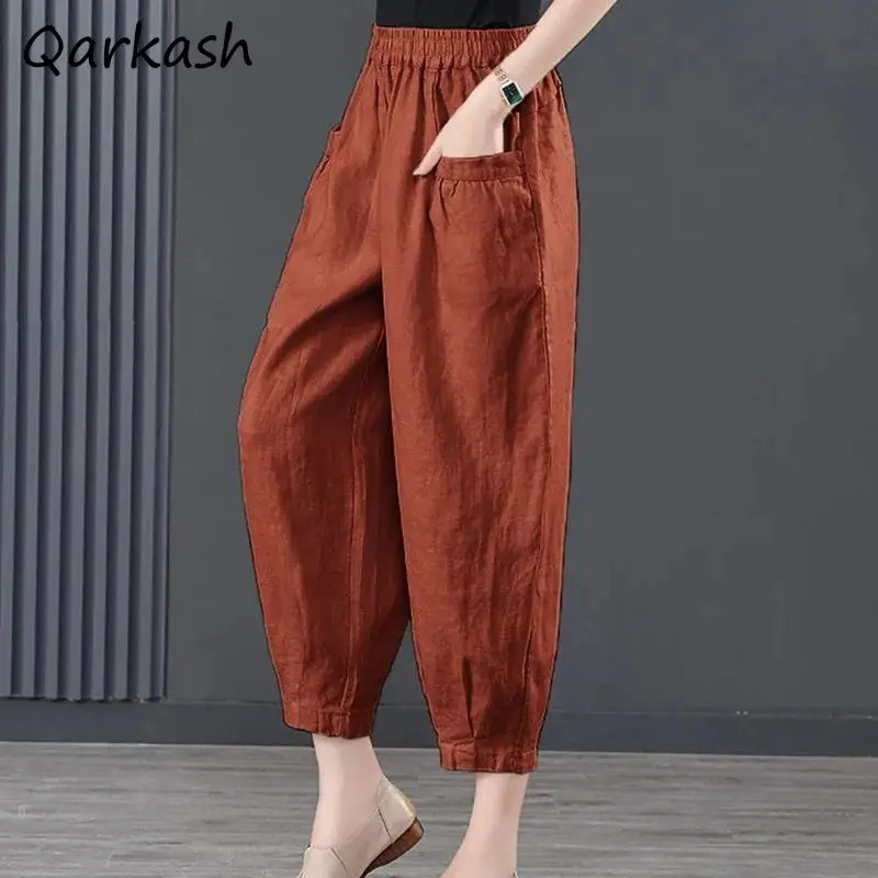 Ankle-length Pants Women Summer Solid Loose All-match Elastic Waist Pockets Quick Dry Moisture Wicking Abdomen Cozy Blooners