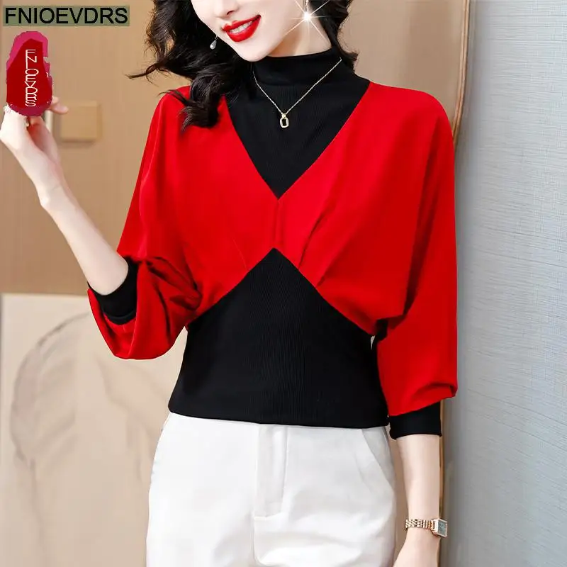 S-4XL New Year Red Green Tops Women Winter Basic Wear Turtleneck Collar Retro Vintage French Design Shirts Peplum Tops Blouses