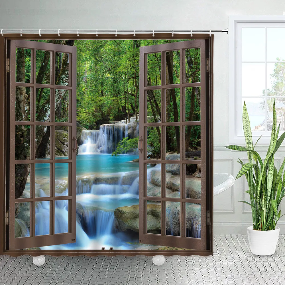 Brown Window Waterfall Landscape Shower Curtain Forest River Trees Spring Nature Scenery Polyester Cloth Bathroom Decor Curtains