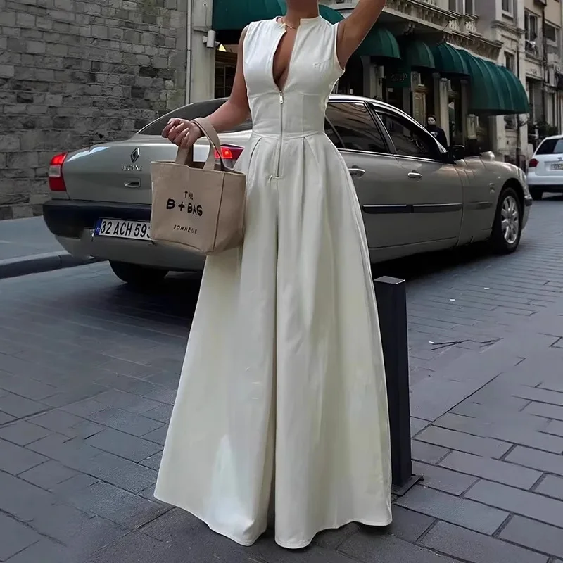 

Women Sexy Zipper Fly Jumpsuit Sleeveless High Waist Wide Leg Casual Streetwear Vintage Solid Minimalist Summer Romper Outfits