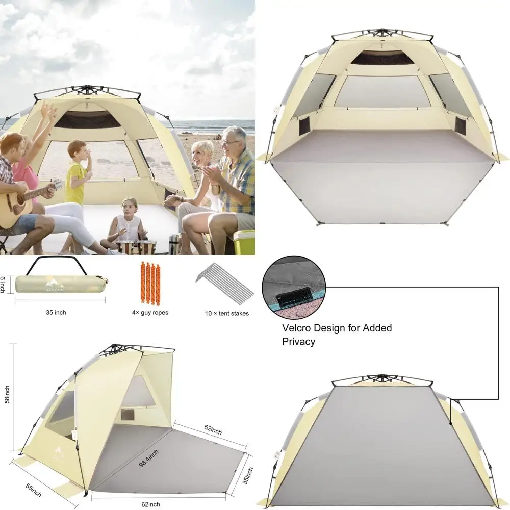 

Portable Khaki Beach Tent for 5-6 People: Quick Setup Sun Shelter with UV Protection, Carry Bag, Stakes & Sand Anchors