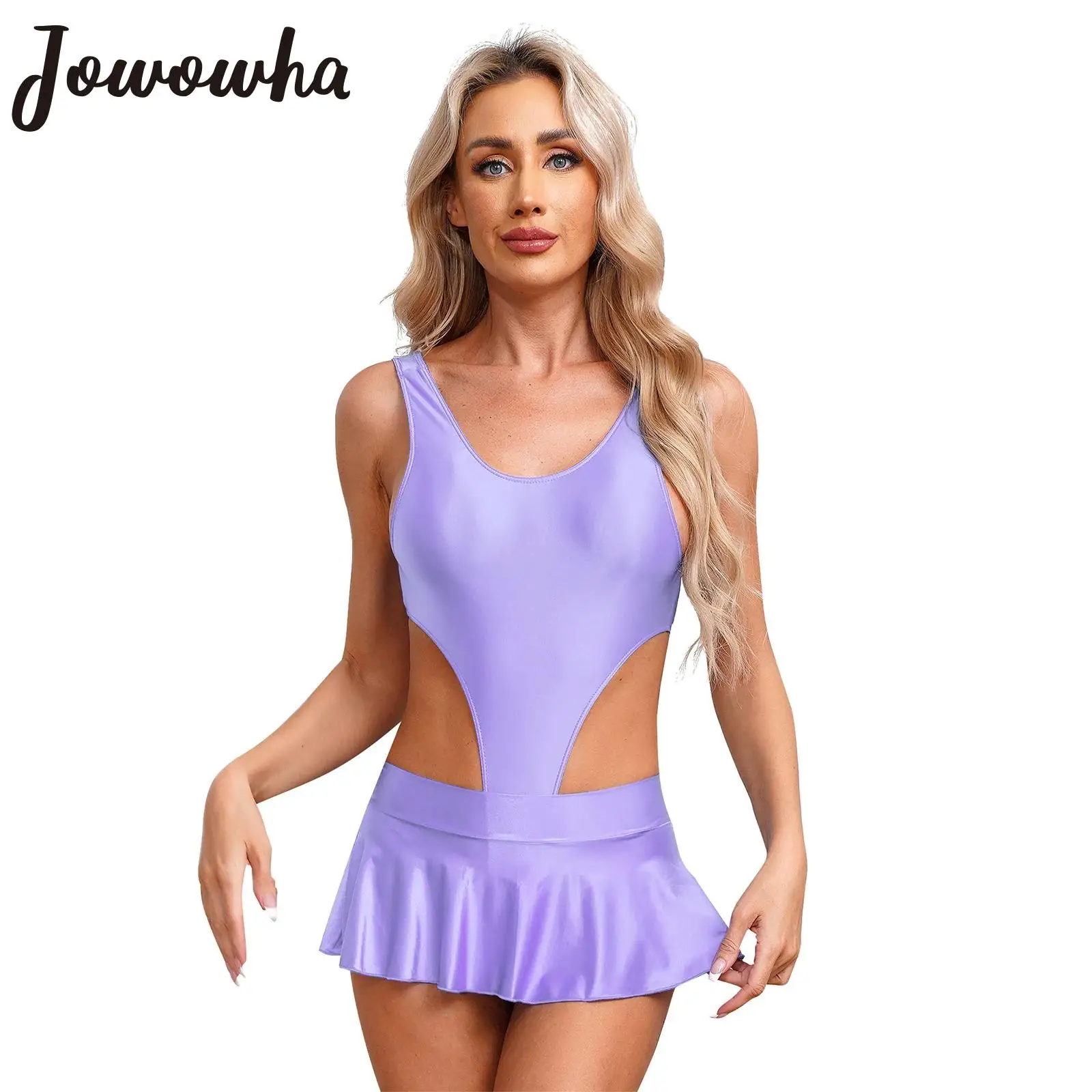 Womens Glossy Swimsuit Sleeveless High Cut Bodysuit with Ruffled Mini Skirt Pool Party Swimwear Beachwear Nightwear Clubwear