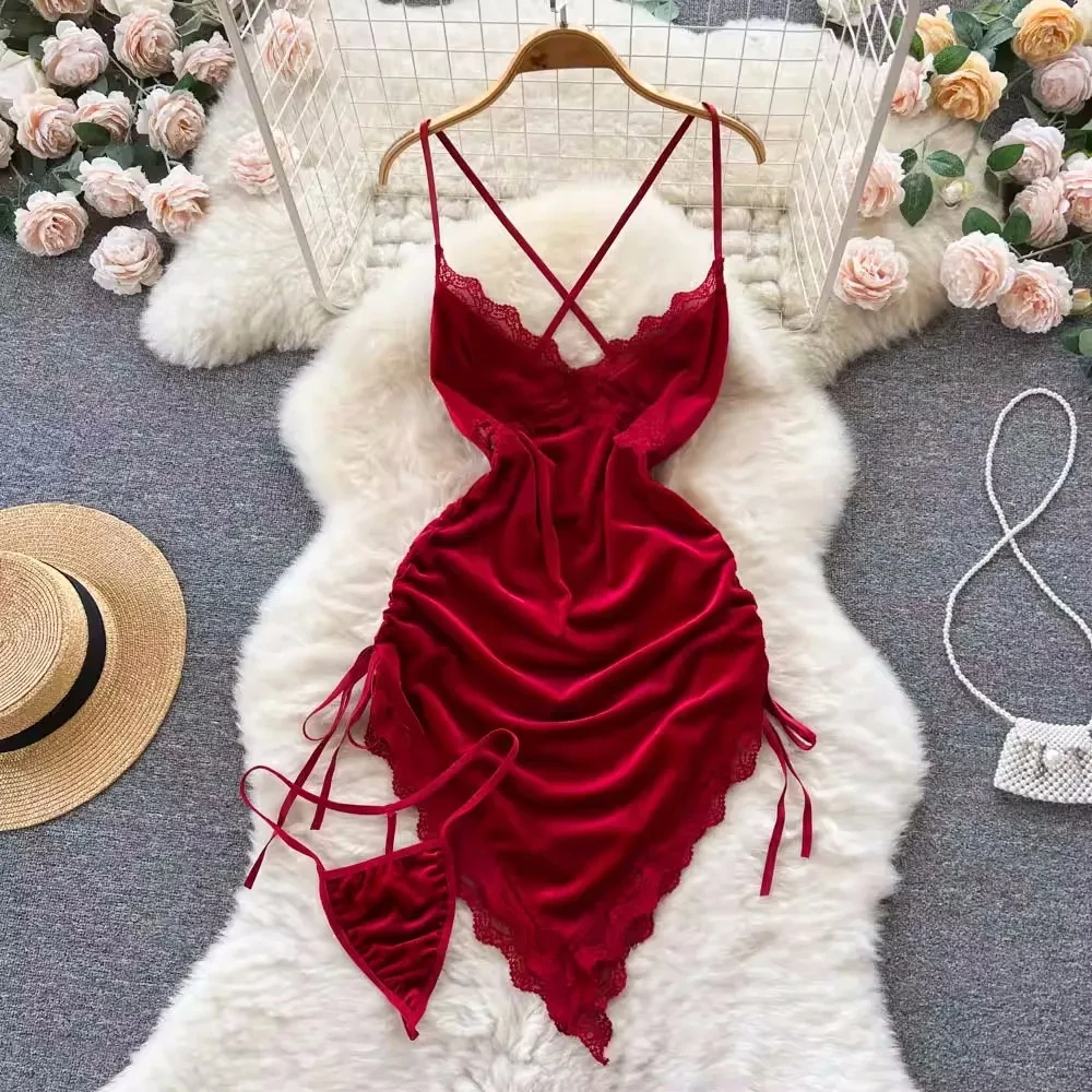 Hot V-neck Sexy Golden velvet Hollowed Lace Backless Lingerie Tie Up Waist Cinched Sleeping Dress Women Pure Slim Cosplay Dress