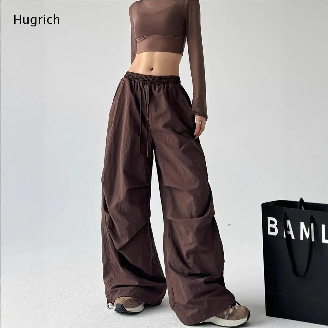 Elastic Drawstring Waist Ruched Parachute Pants Adjustable Toggle Ankle Cuff Loose Wide Leg Casual Cargo Trouser