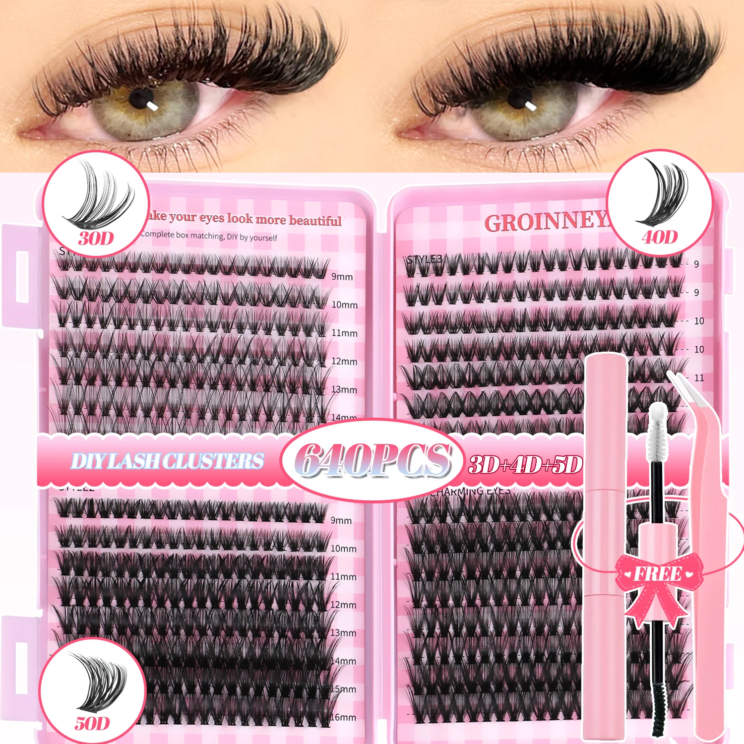 GROINNEYA Wimpern-Cluster-Set, gemischtes Tray, flauschige Cluster-Wimpern, großes Set, individuelle Wimpernverlängerung mit Wimpernkleber und -versiegelung