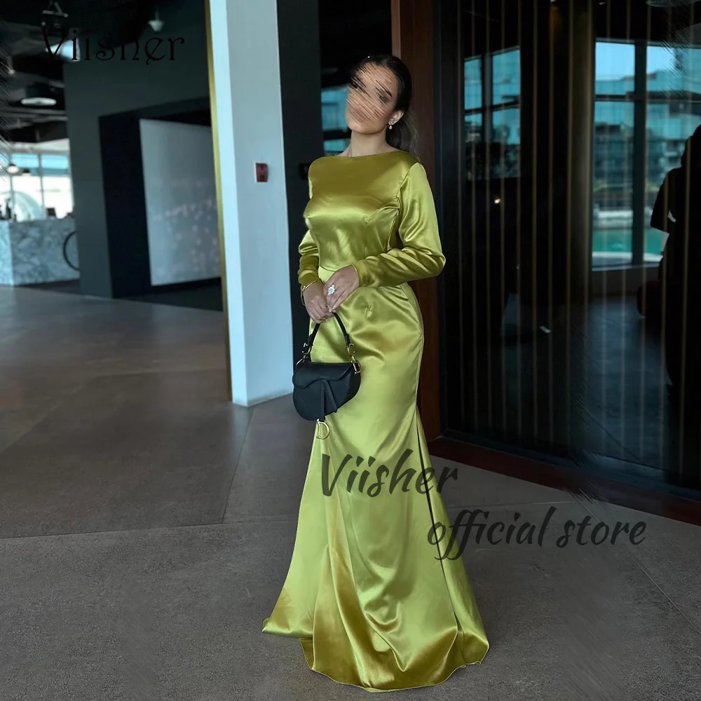 Viisher Green Silk Satin Mermaid Evening Dresses Long Sleeve O Neck Formal Prom Dress Floor Length Dubai Arabic Evening Gowns