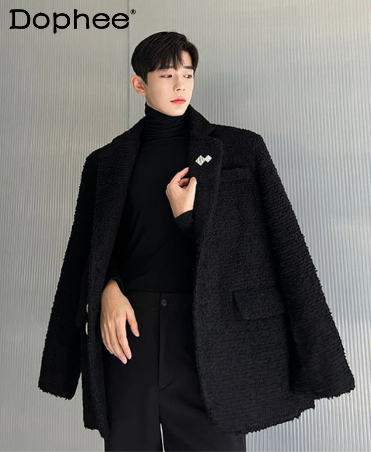 Christmas Atmosphere Solid Color Cashmere Coats Men's 2024 Autumn Winter High-end Temperament Wool Woolen Suit Thickened Jacket