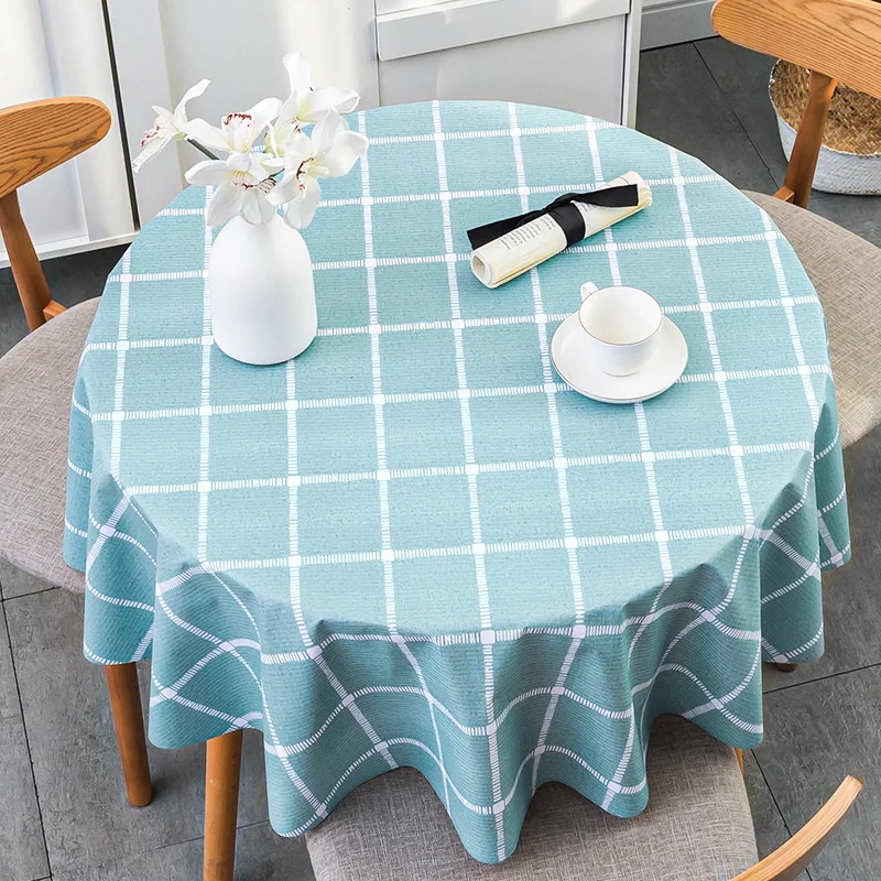 Round Grid Pvc Printed Tablecloth Waterproof Oil-proof Anti-Scalding Table Cloth Coffee Kitchen Dining Table Colth Cover Mat