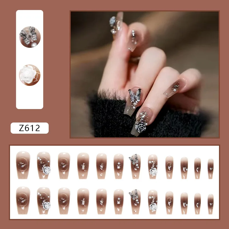 24pcs Medium Ballet Black 3d Butterfly Flower Long Gradient Nails Press on Tip with Tools Charms Acyrlic False Nails for Gluing