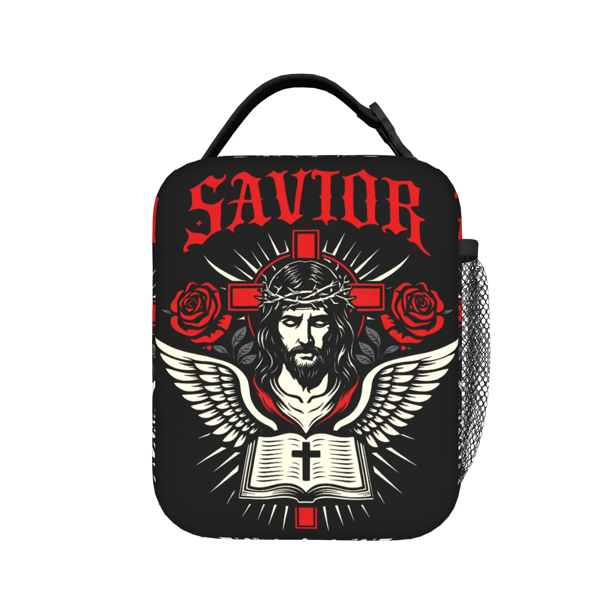 Jesus Savior Cross Roses Bible Gothic Christian Faith Lunch Bag  Portable Lunch Box Adult Print Cooler Bag Thermal Tote Handbags