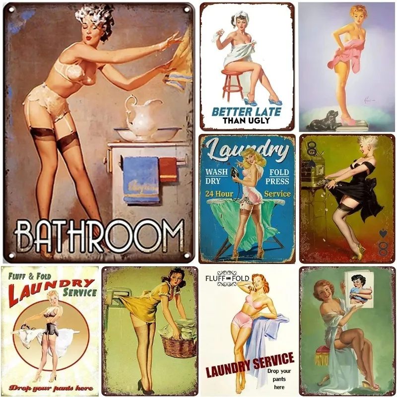 Metal Tin Signs Plaque Pinup Girls Wall Decoration Vintage Art Posters Iron Painting for Man Cave Home Cafe Bathroom Club Bar