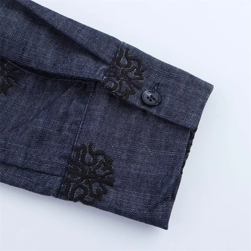 KEYANKETIAN Lente/Herfst Nieuwe Retro stijl Kwastje Lace Up Stand kraag Borduren Denim Shirt vrouwen Losse Trui blouses Top