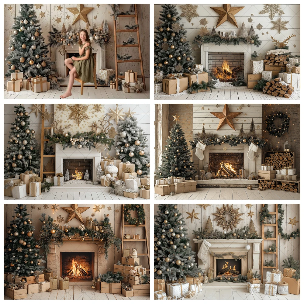 

Christmas Fireplace Background Gold Xmas Star Decor Pine Tree Gift White Photography Backdrop Kids Birthday Wooden Room Booth