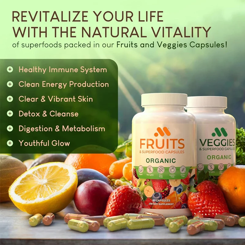 

100% effective fruit and vegetable 60 capsules enhance energy.Fruit and vegetable vitamins,non genetically modified,gluten free,