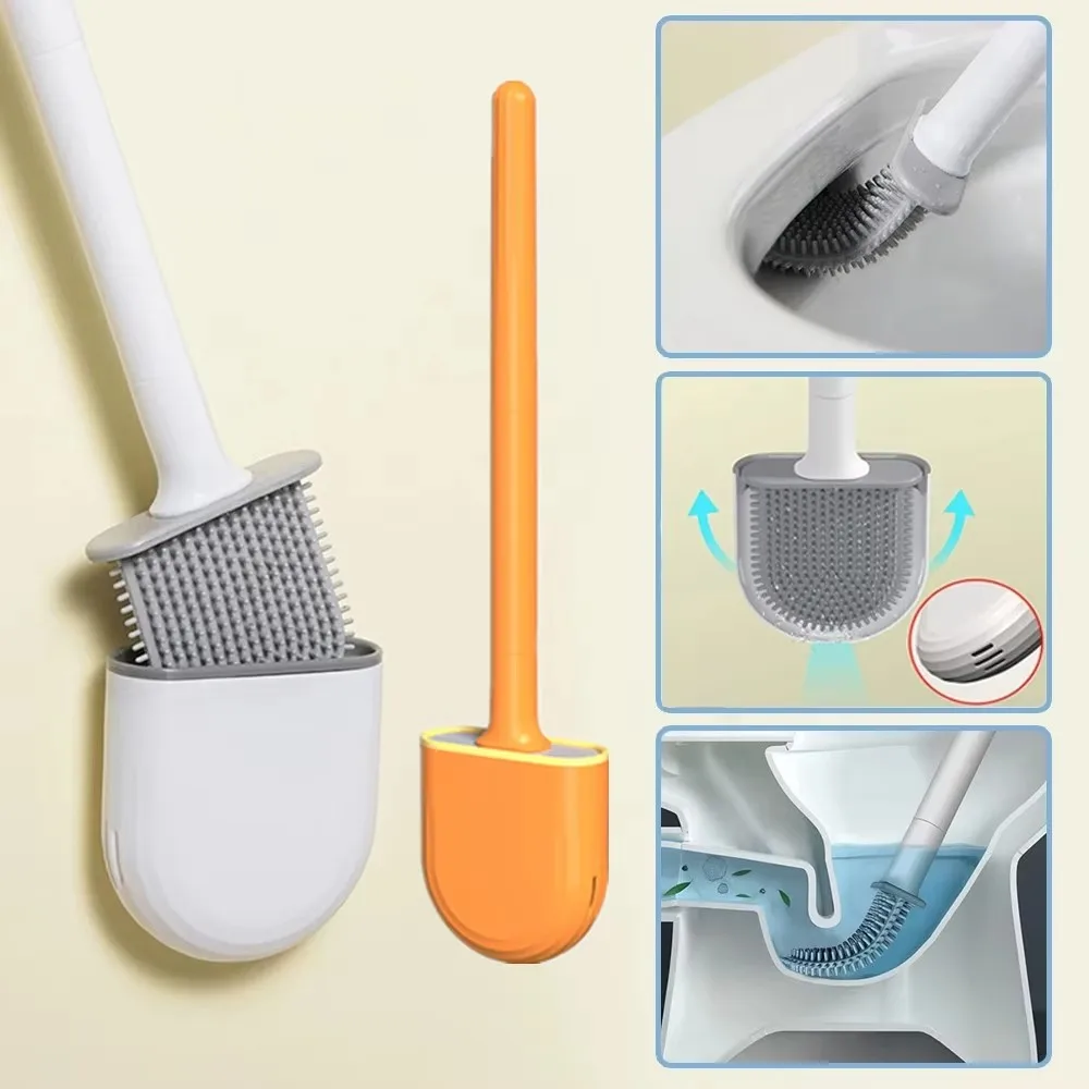 Flexible Silicone Breathable Toilet Brush with Quick Drying Holder Wall Mounted Space Saving Non Slip Durable Bathroom Cleaning