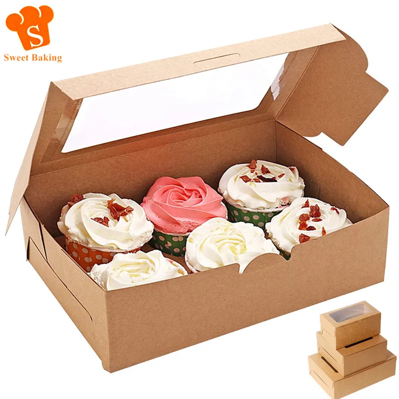 10Pcs Kraft Paper Cupcake Packing Box with Window Cardboard Cake Muffin Cookies Candy Box Wedding Party Birthday Favors 4 Sizes