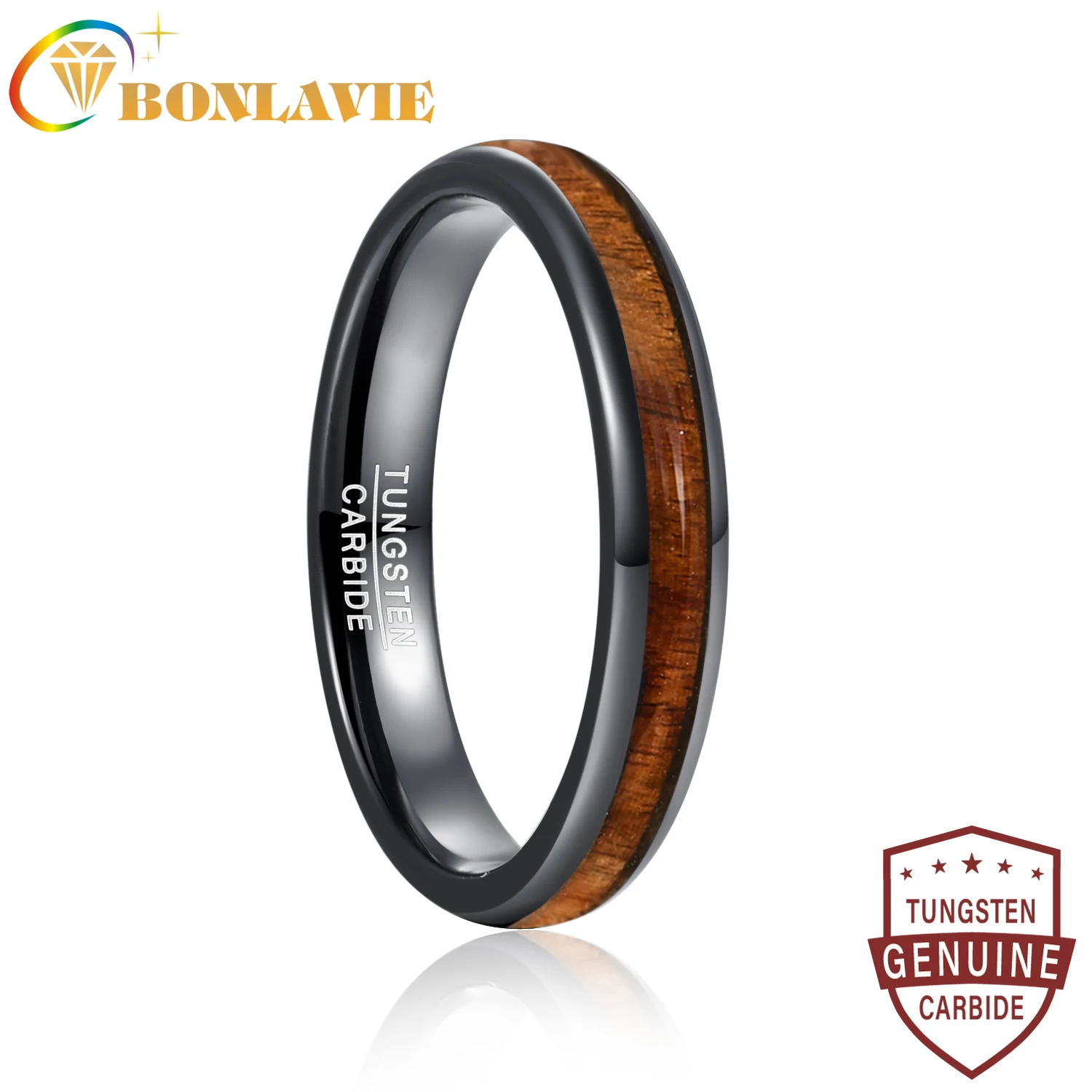 BONLAVIE 4mm Tungsten Carbide Ring Black Dome Polished Inlaid Wood Women\'s Fashion Jewelry Gift Size 6-11