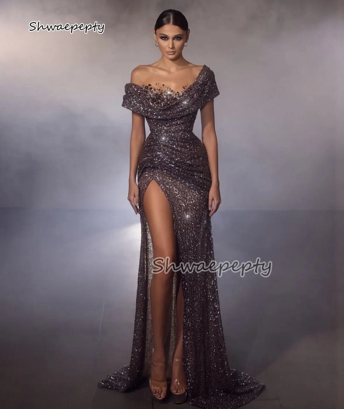 

Glitter Sequined Prom Dress Off Shoulder Side High Slit Pageant Party Dress Pearls Beaded Long Evening Gowns Pleats Customized