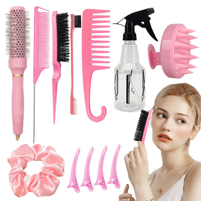 

12pcs/ Pink hair care tool set, suitable for all hair types, combing brushes, styling tools, travel essentials