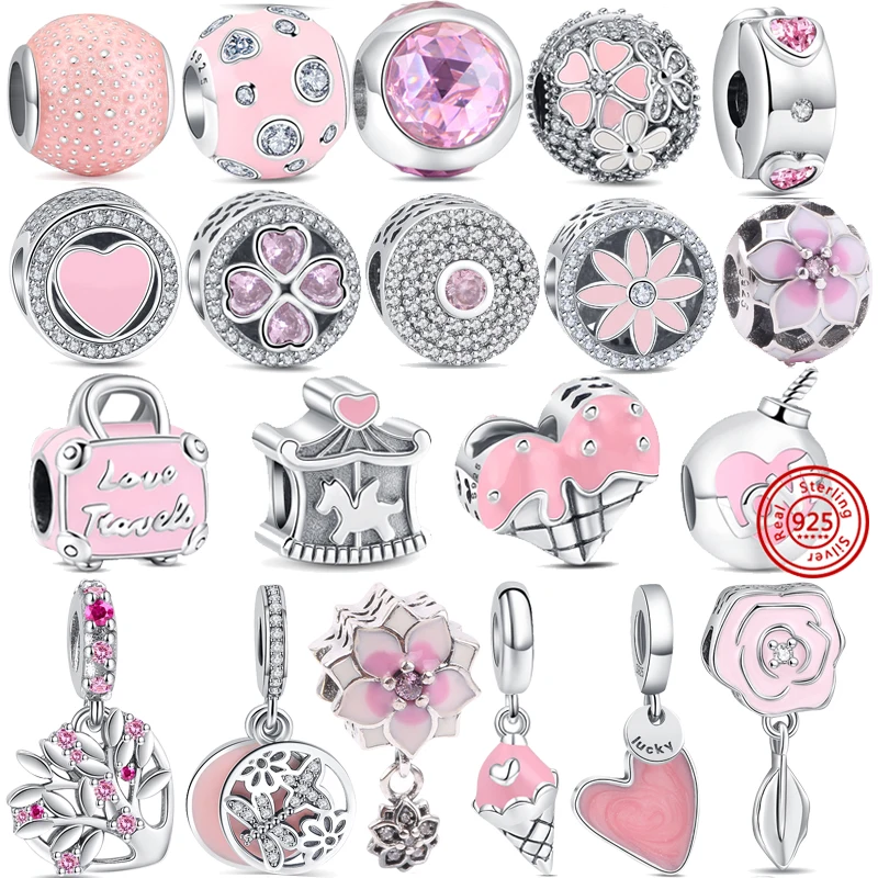 

925 Sterling Silver Amulet Pink Suitcase Charm Flower Heart Pendant Bead Fit Original Pandora Bracelet DIYJewelry For Women Gift