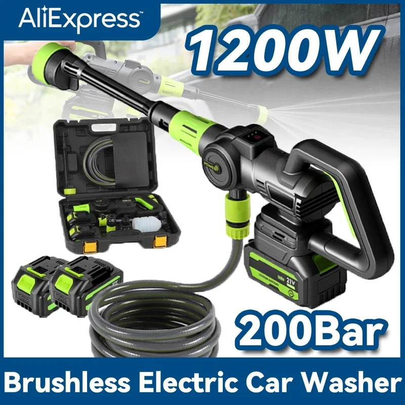 6in1 Brushless Electric Car Washer 1200W 200Bar Cordless High Pressure Foam Generator Spray Cleaner Car Garden Cleaning Machine