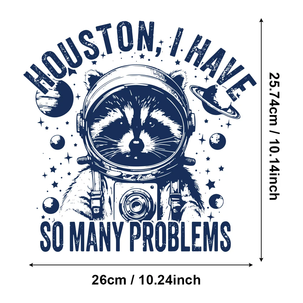 1 pieza de pegatina de transferencia de calor de vinilo con patrón de mapache de astronauta de gran tamaño, pegatina de transferencia de hierro lavable