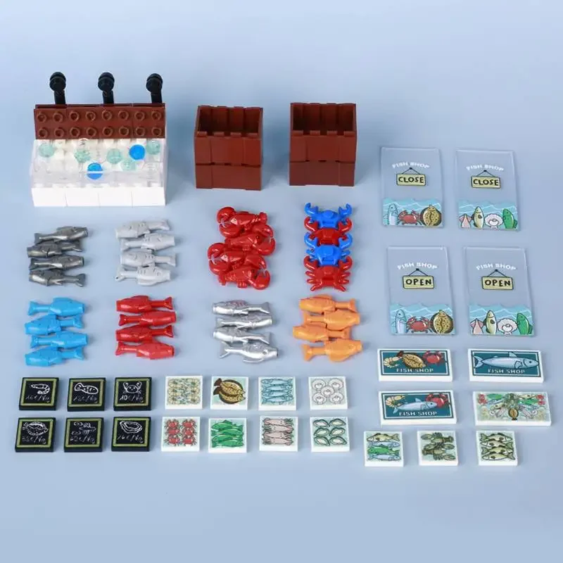 MOC City Food Building Blocks Mini Accessories Shopping Cart Apple Fish Hot Dog Ice Cream Chicken Pizza Figures Bricks Kit Toy view 6