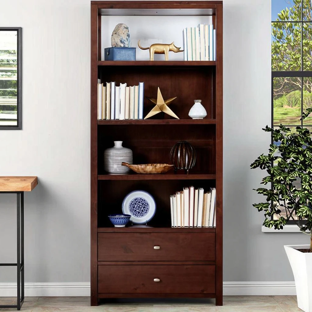 Z DU'S Modern Solid Wood Bookcase, Double Drawers + 4 Shelves With Extra-Large Storage Capacity. Classic And Low-Key Design.Z