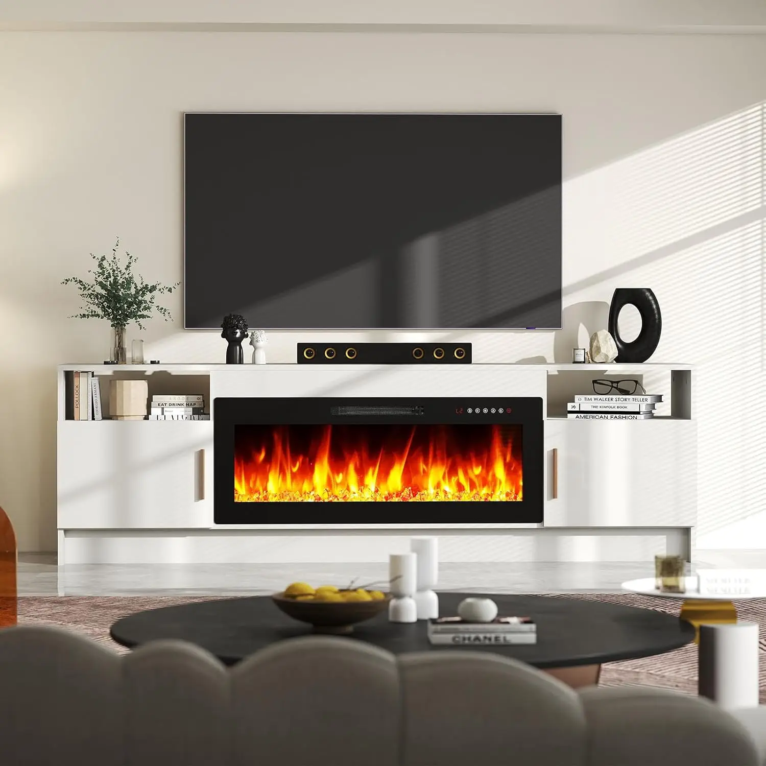 

Подставка для телевизора 70 I h с электрическим камином на 36 и в. 27 светодиодов. Развлекательный центр для телевизоров с диагональю до 80 дюймов. Черный современный деревянный мультимедиа.