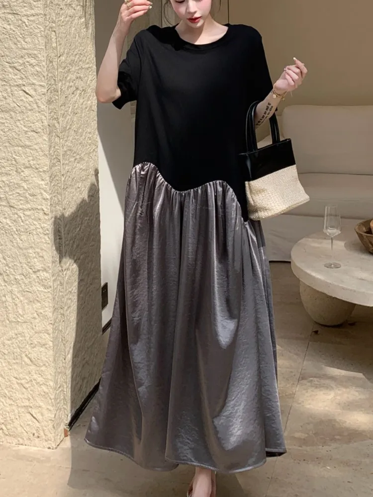 Verano plisado negro Vintage camiseta vestido mujer moda coreana manga corta suelta Casual Vestidos largos de mujer ropa Vestidos