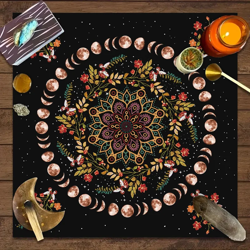 Tarot Tablecloth, Board Game Decorative Cloth, Mandala Moon Phase, Short-Pile Floral Butterfly Altar Cloth.