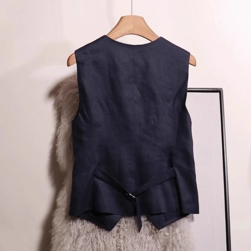 

Women's Single-Breasted Linen Vest Summer 2025 French Lightweight V-neck Sleeveless Blazer Outerwear Waistcoat Female Clothing