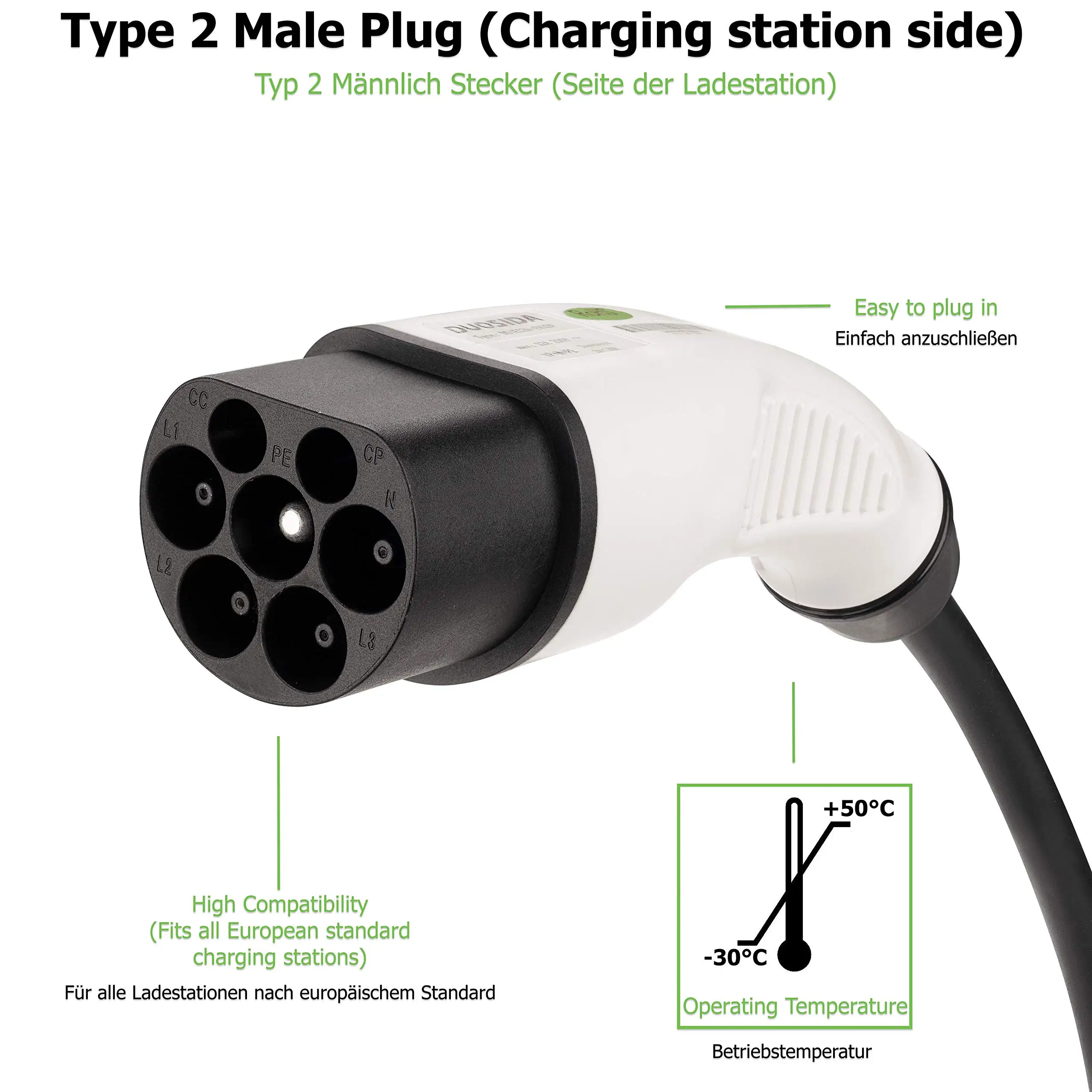 Duosida EV Adaptor for Electric Vehicle Charging Cable Schuko Socket to Type 2 Charger Adapter 1Phase 16A 3.6 KW With 0.5M Cable