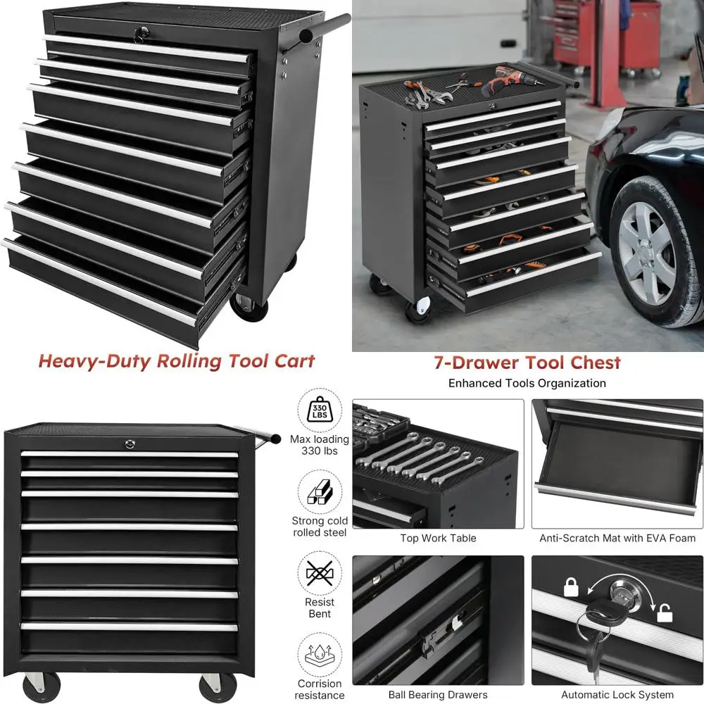 Cassettiera per attrezzi in metallo con 7 cassetti con serratura, scatola portaoggetti portatile su ruote per uso in garage e officina