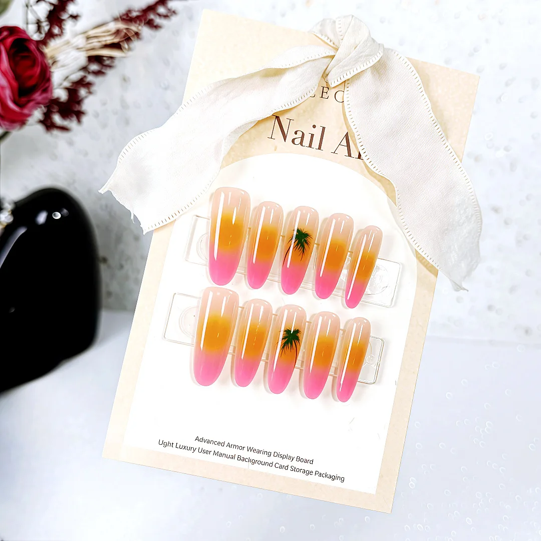 10 pièces été presse sur ongles Hawaii cocotier fait à la main détachable portable rose dégradé femme faux ongles conseils Art