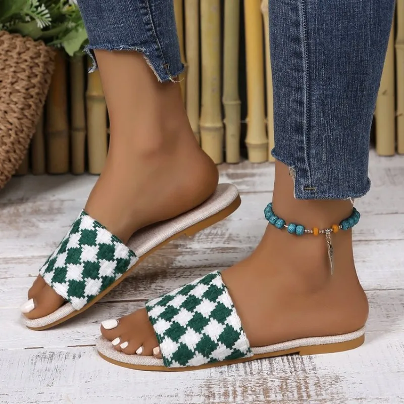 2024 Hot Selling Women's Shoes Basic Women's Slippers Outdoor Casual Women's Woven Mixed Color Flat Shoes