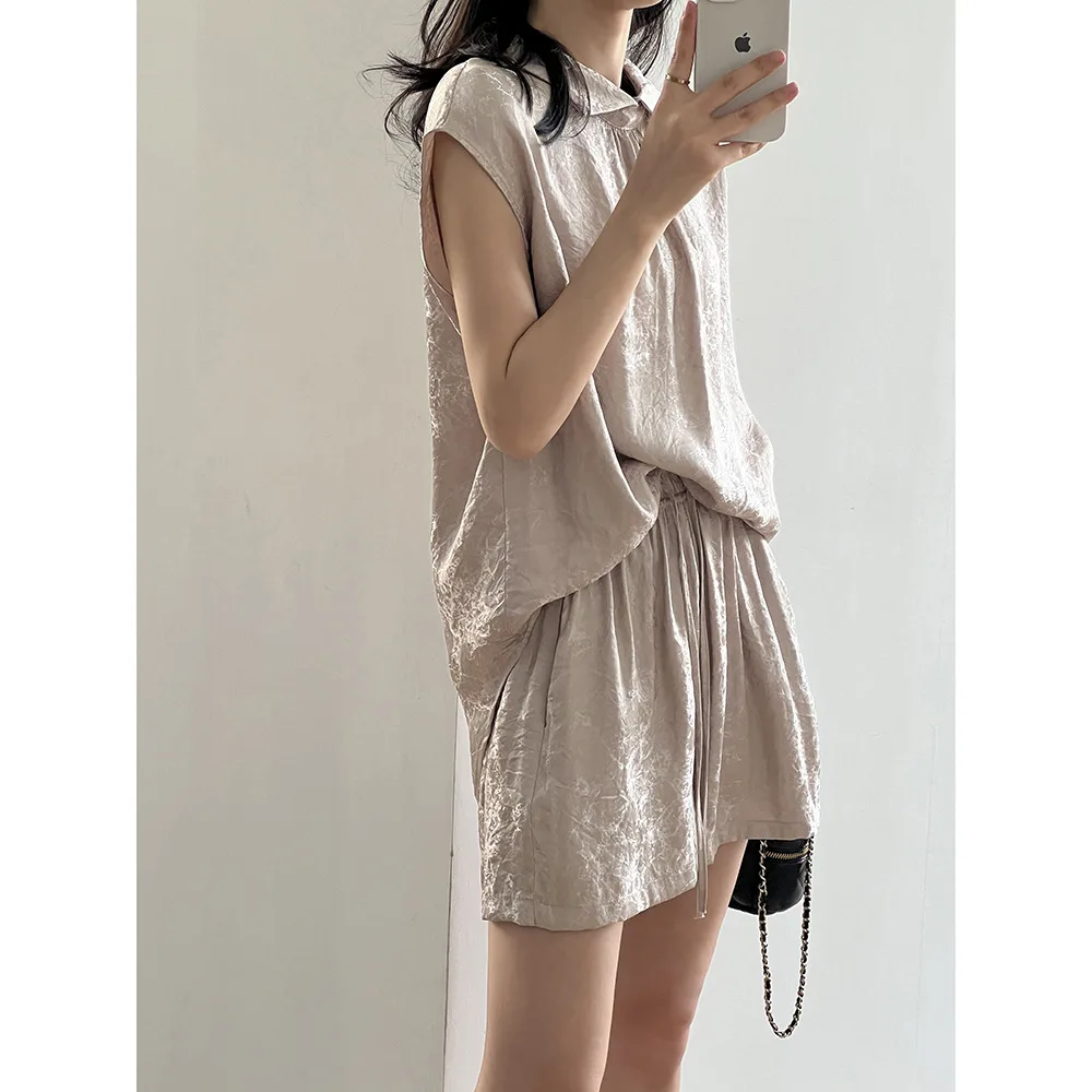 Women Clothes Chinese Style Fashion Simple Suit 2024 Summer Girls Shirt and Wide Leg Shorts Solid Color Simple Two Piece Set